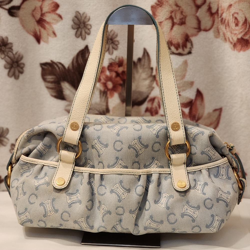 Celine Macadam Boogie Tote Blue and Cream Canvas Shoulder Bag/Top Handle Satchel